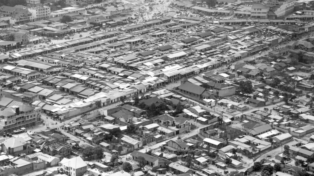 Aerial view of Bunia town showcasing dense urban structures in Ituri, Democratic Republic of the Congo.